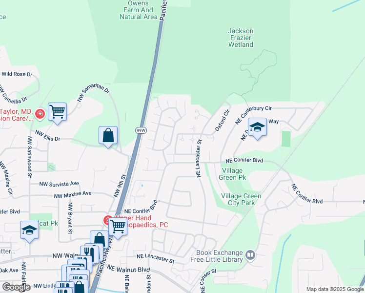 map of restaurants, bars, coffee shops, grocery stores, and more near 5 Northeast Park Circle in Corvallis