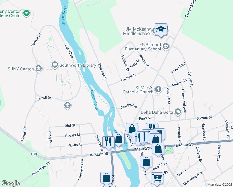 map of restaurants, bars, coffee shops, grocery stores, and more near 60-62 Riverside Dr in Canton