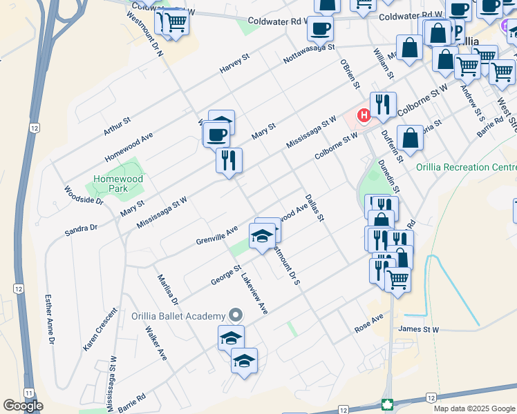 map of restaurants, bars, coffee shops, grocery stores, and more near 340 Grenville Avenue in Orillia