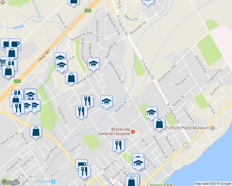map of restaurants, bars, coffee shops, grocery stores, and more near 12 Charlotte Place in Brockville