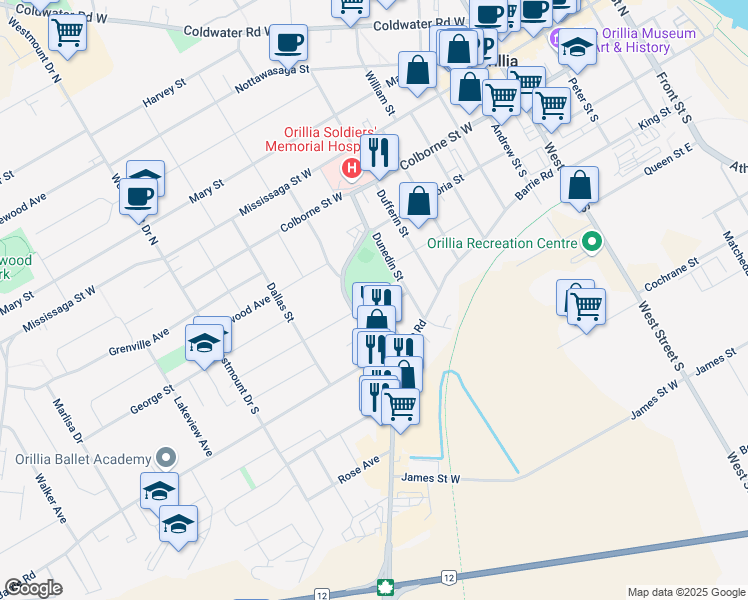 map of restaurants, bars, coffee shops, grocery stores, and more near 228 Elmer Park in Orillia