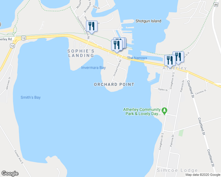 map of restaurants, bars, coffee shops, grocery stores, and more near 71 Orchard Point Road in Orillia