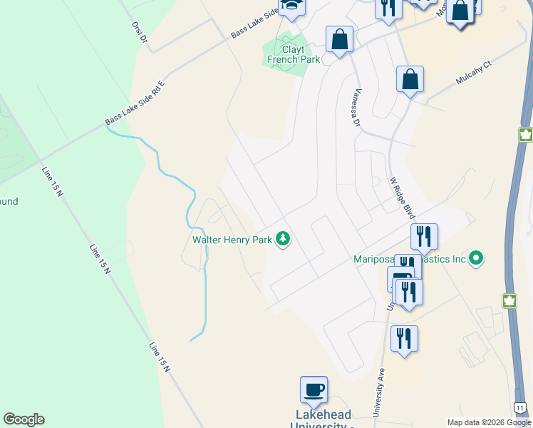 map of restaurants, bars, coffee shops, grocery stores, and more near 3096 Orion Boulevard in Orillia