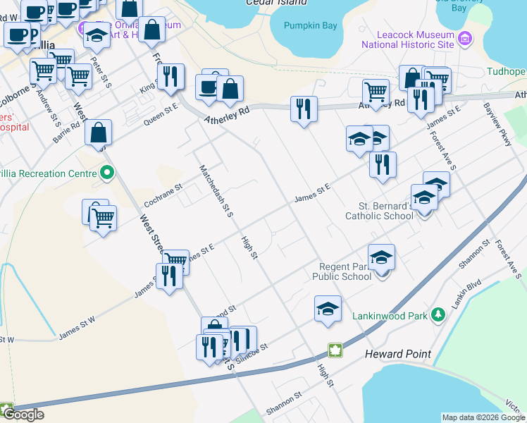 map of restaurants, bars, coffee shops, grocery stores, and more near 80 James Street East in Orillia