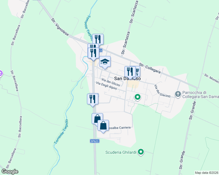 map of restaurants, bars, coffee shops, grocery stores, and more near 30 Via Degli Alpini in San Damaso