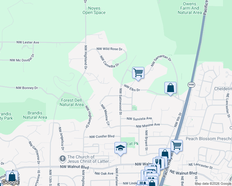 map of restaurants, bars, coffee shops, grocery stores, and more near 3482 NW Maxine Cir in Corvallis