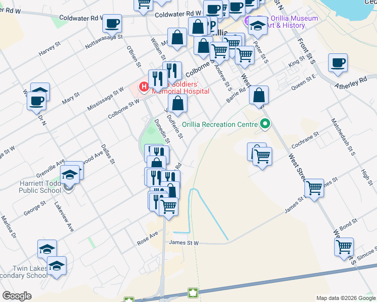 map of restaurants, bars, coffee shops, grocery stores, and more near 167 Barrie Road in Orillia