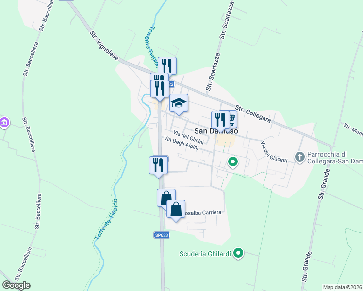 map of restaurants, bars, coffee shops, grocery stores, and more near 30 Via Degli Alpini in San Damaso