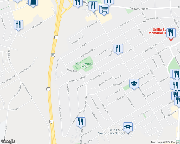 map of restaurants, bars, coffee shops, grocery stores, and more near 402 Mary Street in Orillia