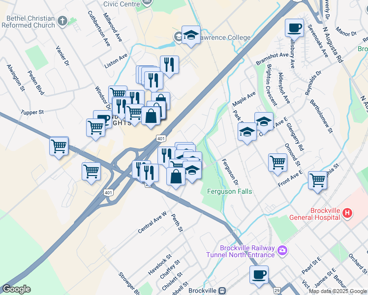 map of restaurants, bars, coffee shops, grocery stores, and more near 1 Park Place in Brockville