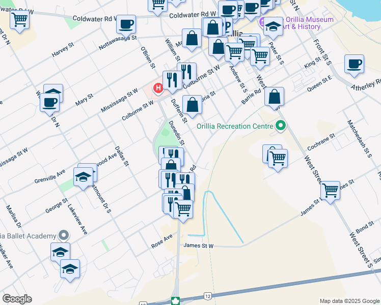 map of restaurants, bars, coffee shops, grocery stores, and more near 143 Dunedin Street in Orillia
