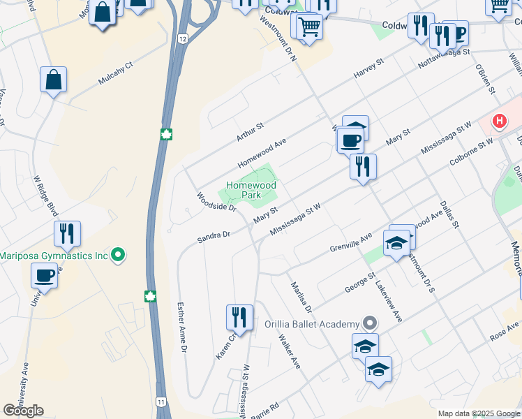 map of restaurants, bars, coffee shops, grocery stores, and more near 402 Mary Street in Orillia