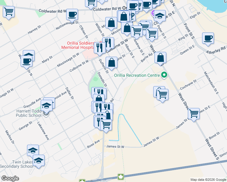 map of restaurants, bars, coffee shops, grocery stores, and more near 143 Dunedin Street in Orillia