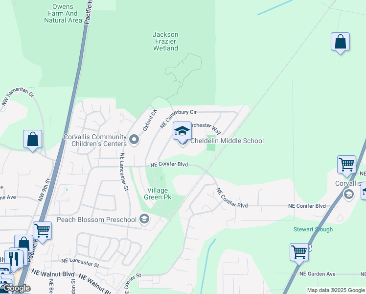 map of restaurants, bars, coffee shops, grocery stores, and more near 987 Northeast Conifer Boulevard in Corvallis