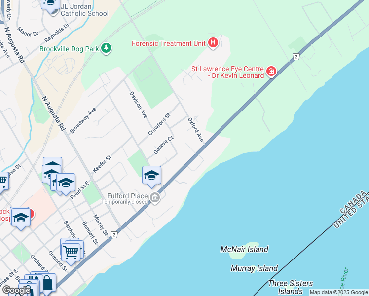 map of restaurants, bars, coffee shops, grocery stores, and more near 10 Belvedere Place in Brockville