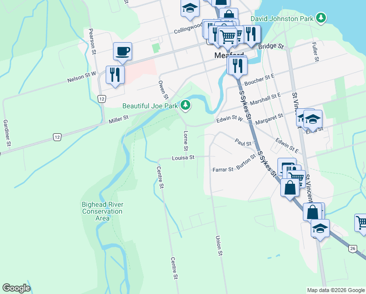 map of restaurants, bars, coffee shops, grocery stores, and more near 96 Lorne Street in Meaford