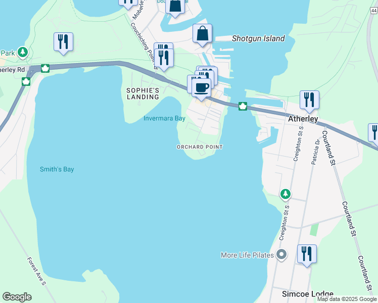 map of restaurants, bars, coffee shops, grocery stores, and more near 71 Orchard Point Road in Orillia