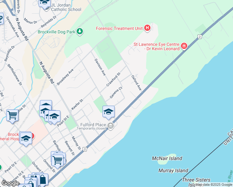 map of restaurants, bars, coffee shops, grocery stores, and more near 30 Geneva Court in Brockville