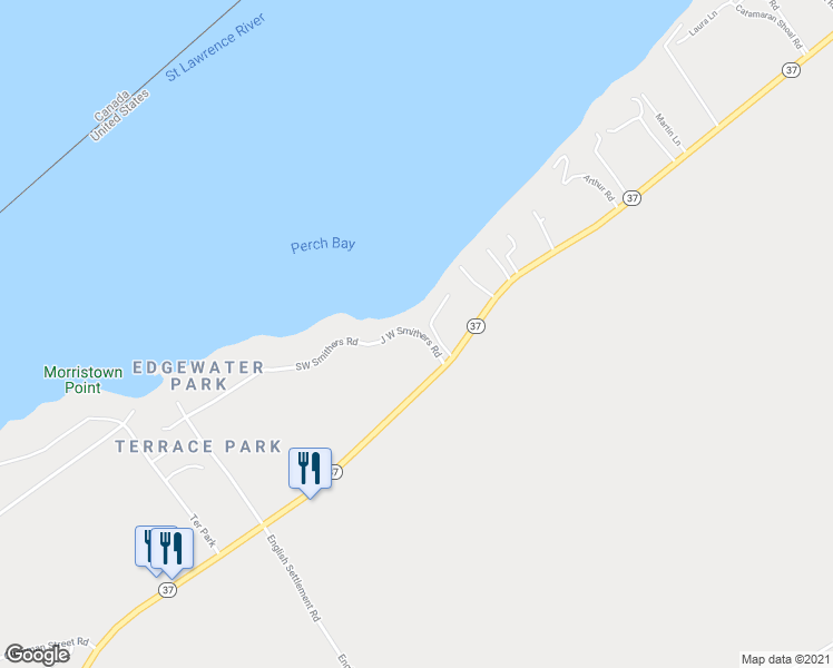 map of restaurants, bars, coffee shops, grocery stores, and more near 193 J W Smithers Road in Ogdensburg