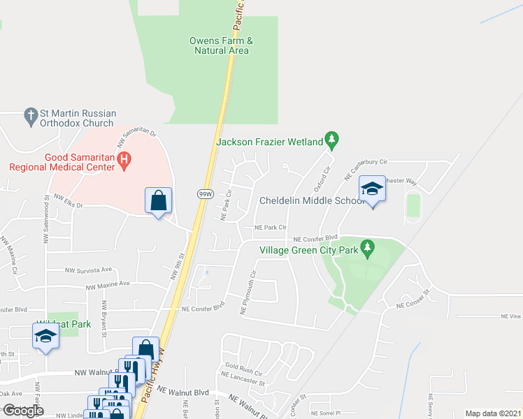 map of restaurants, bars, coffee shops, grocery stores, and more near 5 Northeast Park Circle in Corvallis