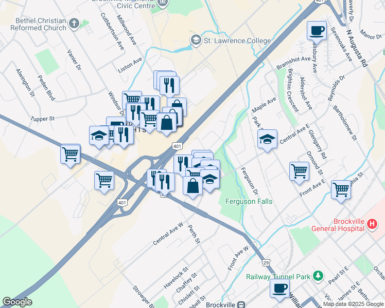 map of restaurants, bars, coffee shops, grocery stores, and more near in Brockville