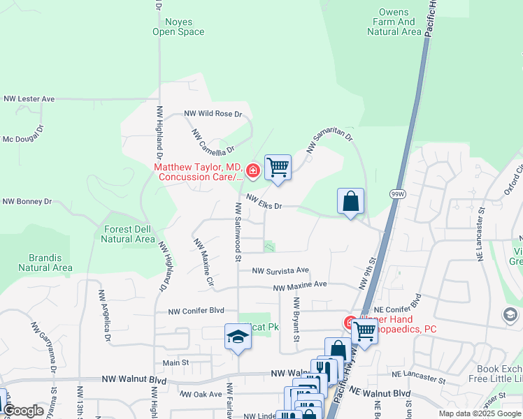 map of restaurants, bars, coffee shops, grocery stores, and more near 3521 Veracruz Place in Corvallis