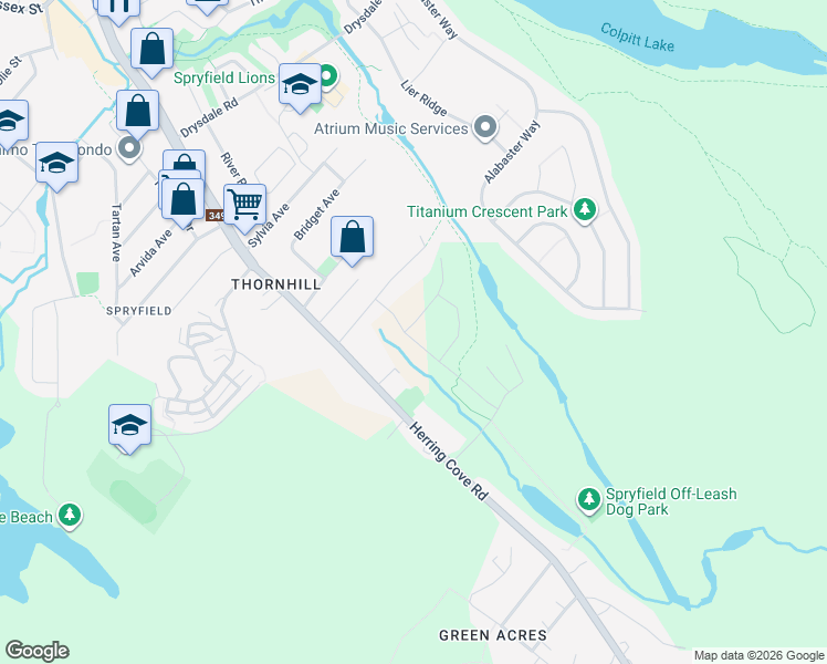 map of restaurants, bars, coffee shops, grocery stores, and more near 52 Honeygold Drive in Halifax