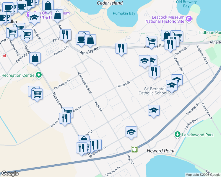 map of restaurants, bars, coffee shops, grocery stores, and more near in Orillia