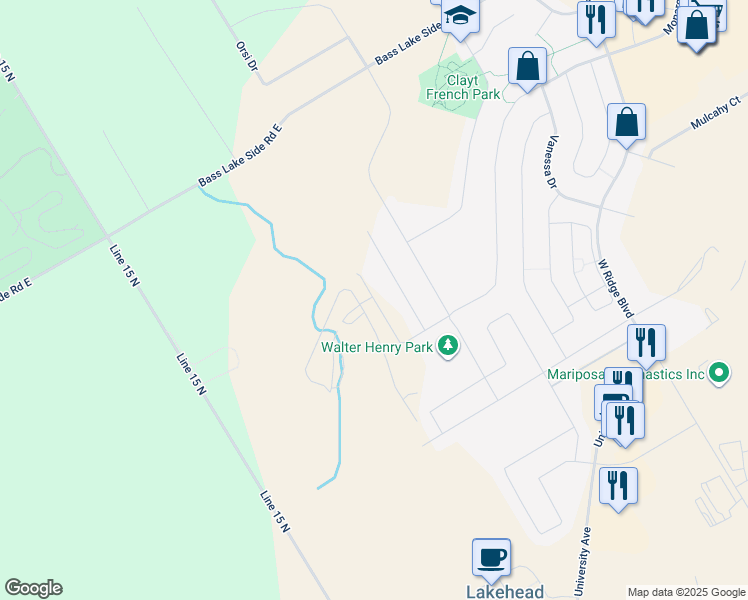 map of restaurants, bars, coffee shops, grocery stores, and more near 2964 Monarch Drive in Orillia