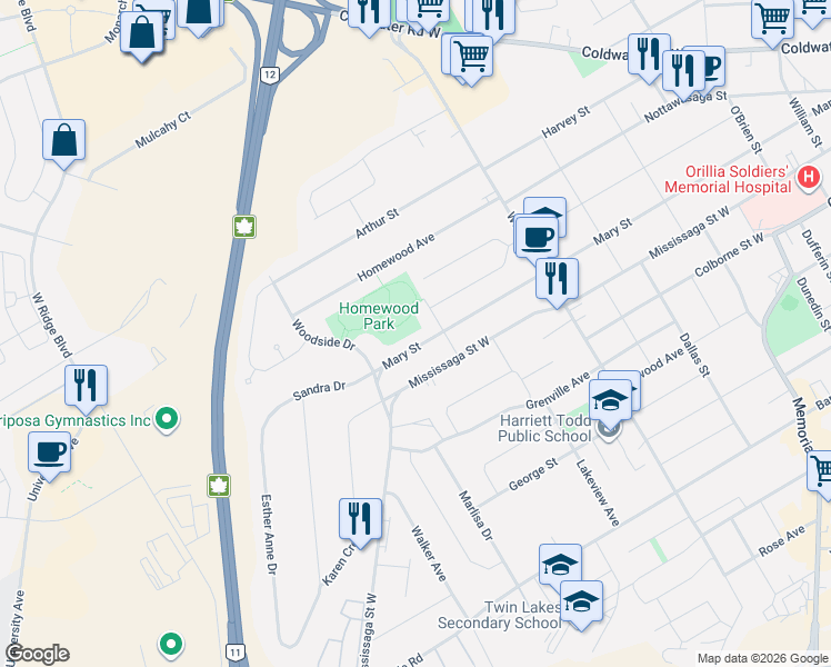 map of restaurants, bars, coffee shops, grocery stores, and more near 402 Mary Street in Orillia