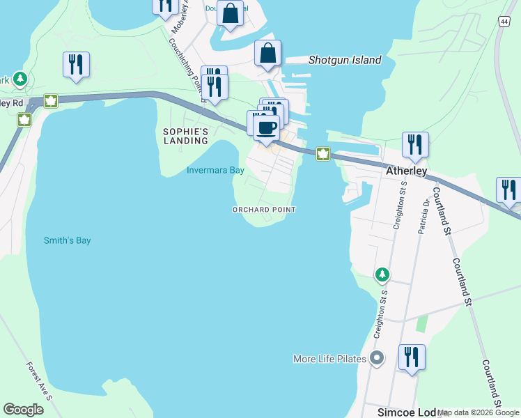 map of restaurants, bars, coffee shops, grocery stores, and more near 90 Orchard Point Road in Orillia