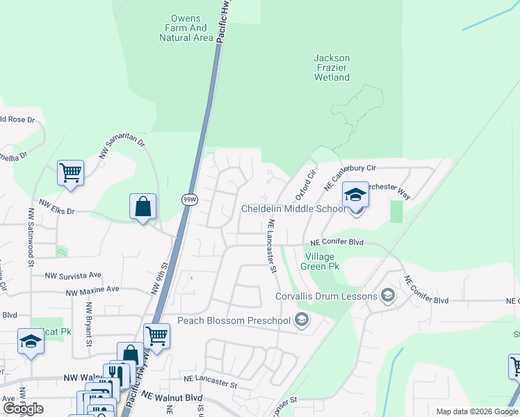 map of restaurants, bars, coffee shops, grocery stores, and more near 3288 Northeast Lancaster Street in Corvallis