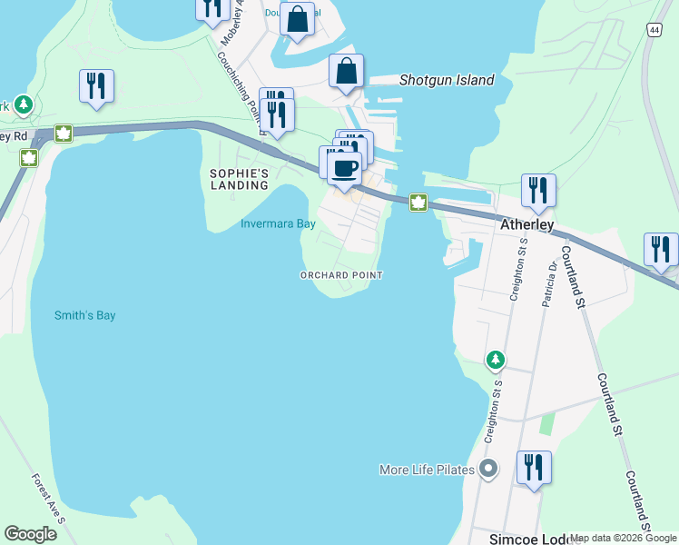 map of restaurants, bars, coffee shops, grocery stores, and more near 80 Orchard Point Road in Orillia