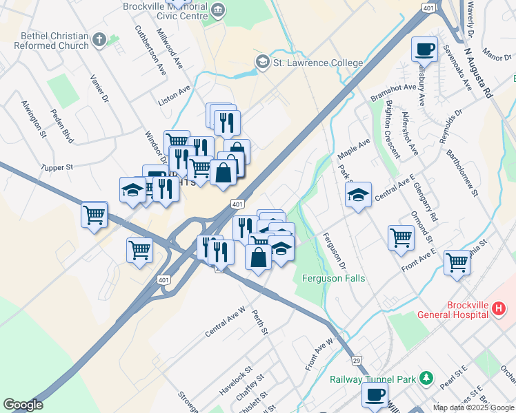 map of restaurants, bars, coffee shops, grocery stores, and more near 4 Balmoral Place in Brockville