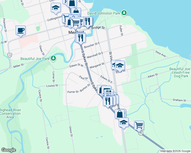 map of restaurants, bars, coffee shops, grocery stores, and more near 47 Edwin Street East in Meaford
