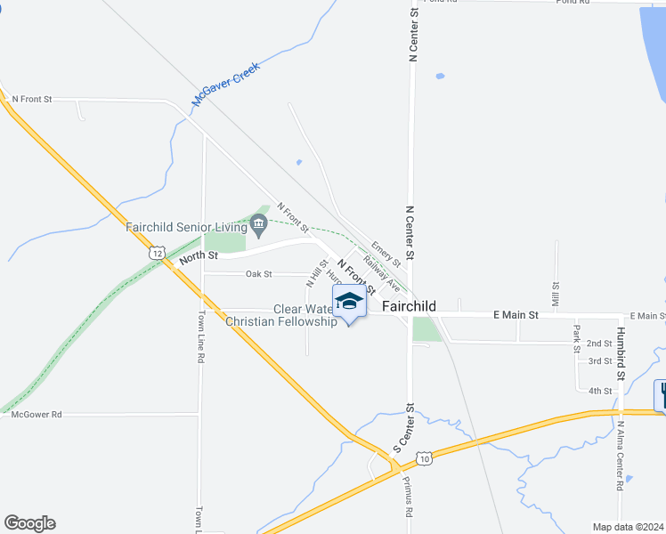 map of restaurants, bars, coffee shops, grocery stores, and more near 260 North Front Street in Fairchild