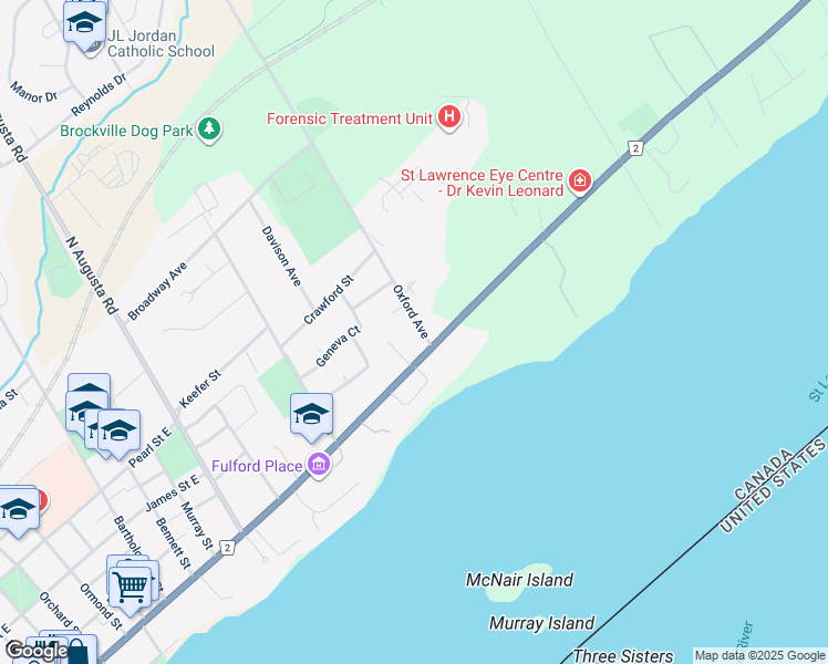 map of restaurants, bars, coffee shops, grocery stores, and more near 8 Oxford Avenue in Brockville