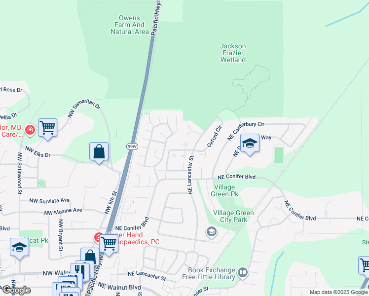 map of restaurants, bars, coffee shops, grocery stores, and more near 3440 Northeast Lancaster Street in Corvallis