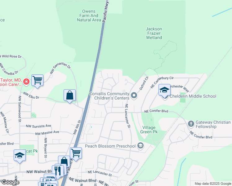 map of restaurants, bars, coffee shops, grocery stores, and more near 121 Northeast Park Circle in Corvallis
