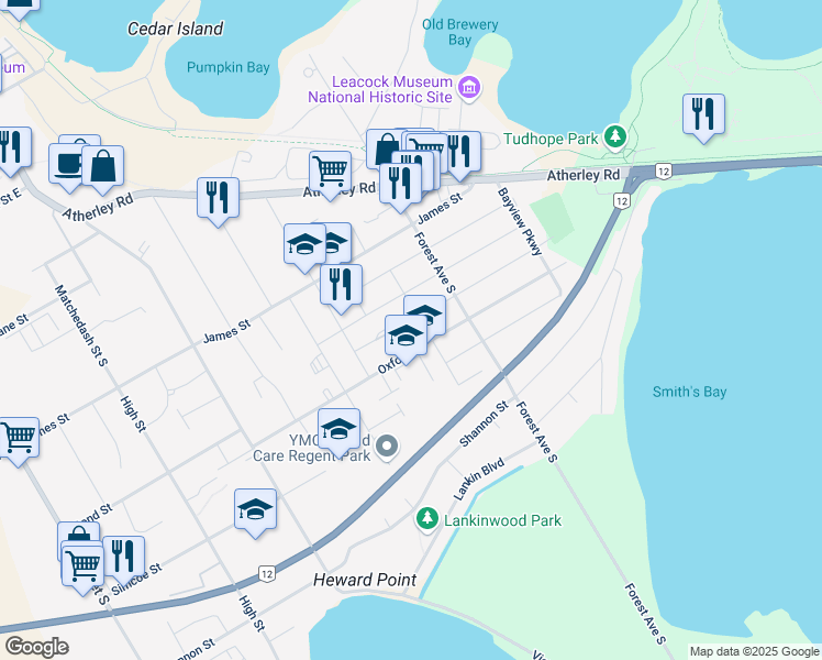 map of restaurants, bars, coffee shops, grocery stores, and more near 283 Crawford Street in Orillia