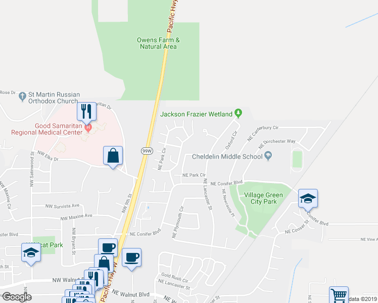 map of restaurants, bars, coffee shops, grocery stores, and more near 3316 Northeast Lancaster Street in Corvallis