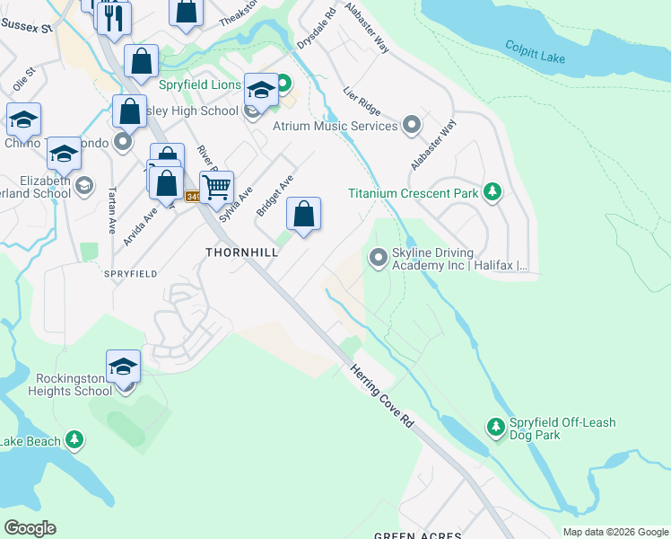 map of restaurants, bars, coffee shops, grocery stores, and more near 12 Honeygold Drive in Halifax