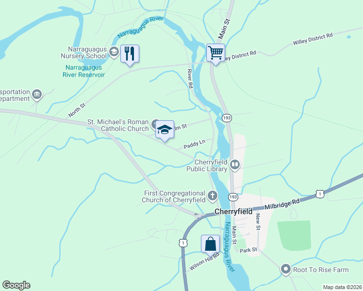 map of restaurants, bars, coffee shops, grocery stores, and more near 29 Paddy Lane in Cherryfield