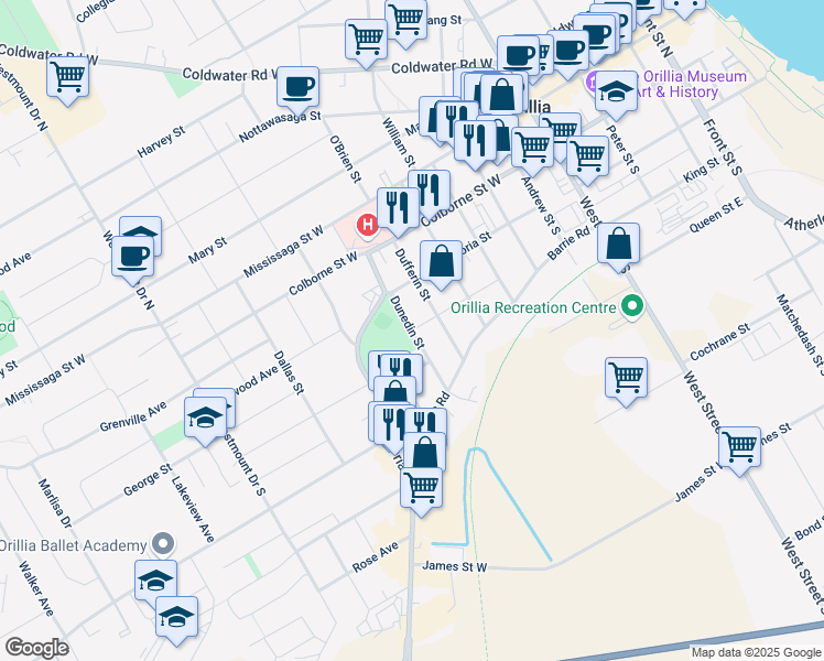 map of restaurants, bars, coffee shops, grocery stores, and more near Dunedin Street in Orillia