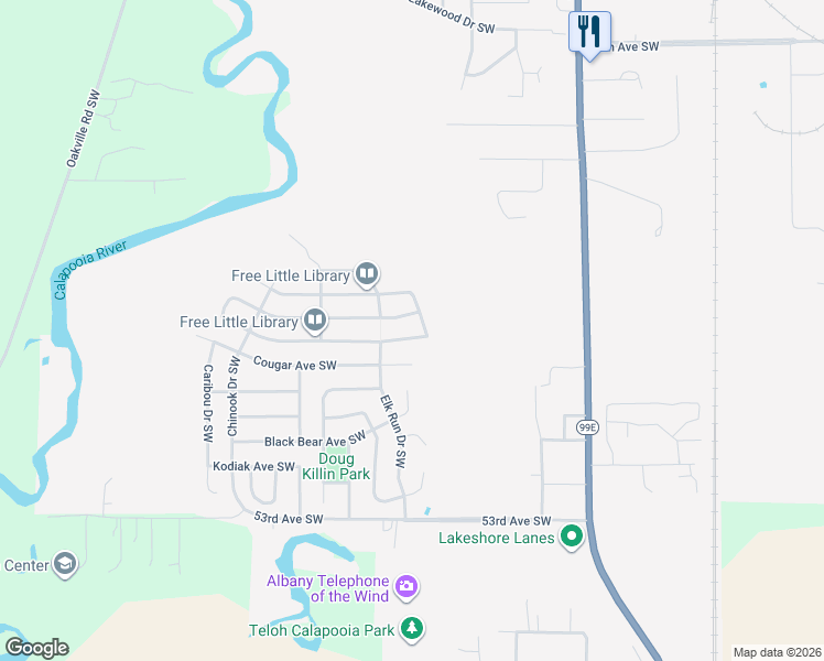 map of restaurants, bars, coffee shops, grocery stores, and more near 1564 Bobcat Avenue Southwest in Albany