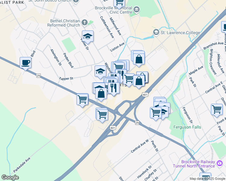 map of restaurants, bars, coffee shops, grocery stores, and more near in Brockville
