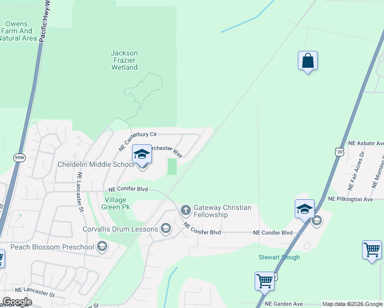 map of restaurants, bars, coffee shops, grocery stores, and more near 3525 Northeast Manchester Street in Corvallis