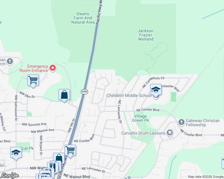 map of restaurants, bars, coffee shops, grocery stores, and more near 3440 Northeast Lancaster Street in Corvallis