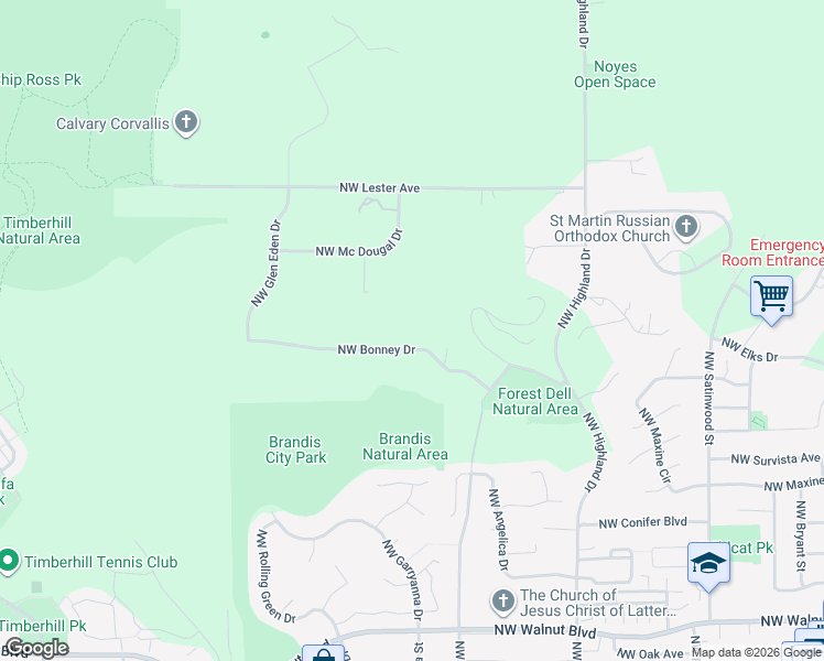 map of restaurants, bars, coffee shops, grocery stores, and more near 1649 Northwest Bonney Drive in Corvallis