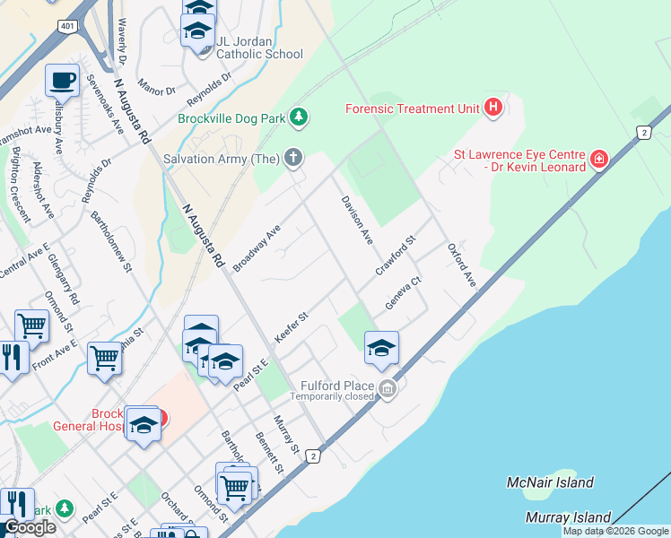 map of restaurants, bars, coffee shops, grocery stores, and more near 108 1st Avenue in Brockville